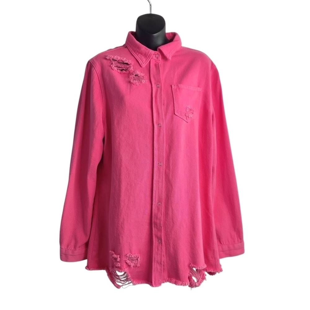 Women's Jean Jacket Pink Distressed Button Up Soft Denim Collared Longsleeve L